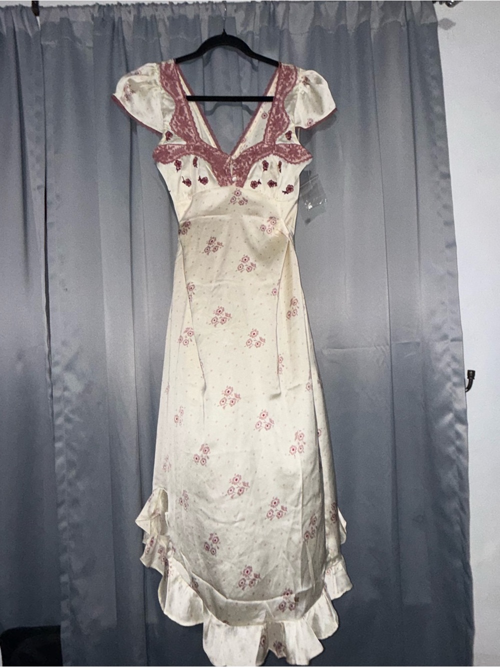 Free People Ivory Satin Midi Dress with Pink Lace Accents